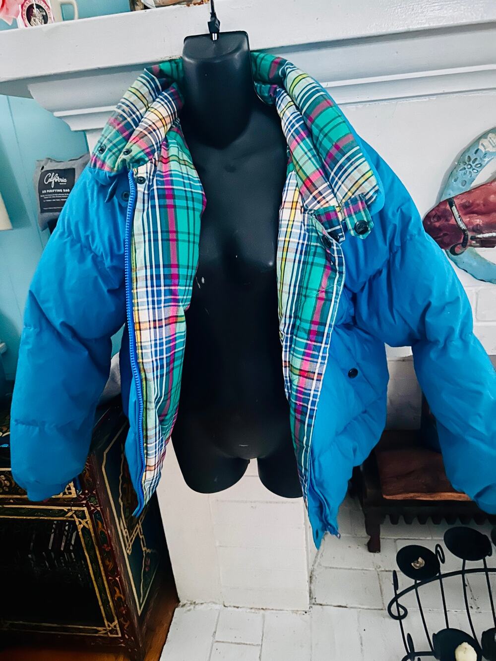 VINTAGE 80's REVERSIBLE NAUTICA TURQUOISE & PLAID DUCK DOWN/FEATHER JACKET M